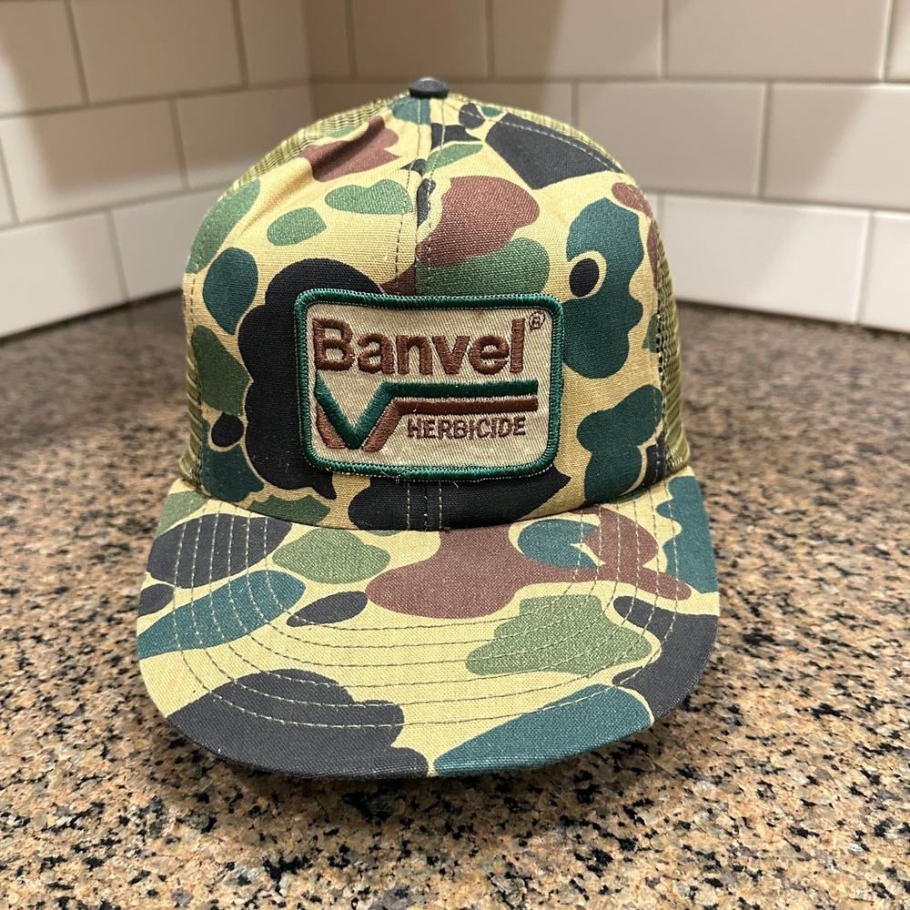Vintage Banvel Herbicide Camo Mesh Trucker Hat USA Made Patch Snapback Cap